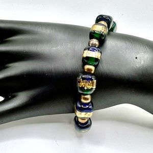 Vintage Green and Blue and Gold Art Glass Bead Bracelet